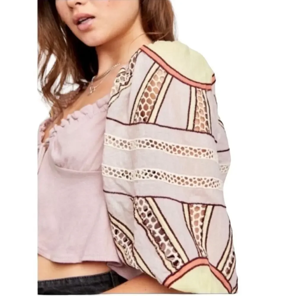 Free People Sunrise Sunset Crochet Cotton Crop, Y2K, Lavender Boho Festival  L